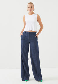 Marineblaue, gepunktete Damenhose mit hoher Taille und weitem Bein