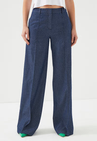 Marineblaue, gepunktete Damenhose mit hoher Taille und weitem Bein