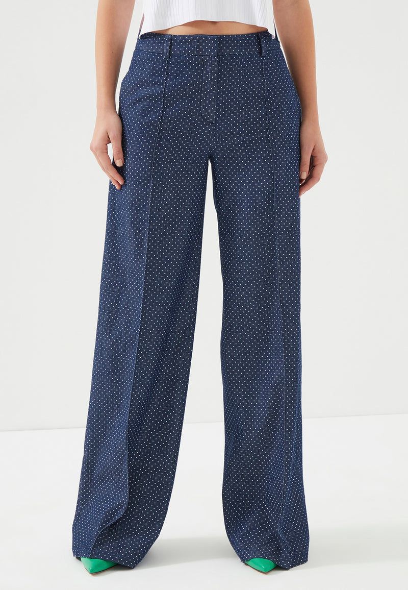 Marineblaue, gepunktete Damenhose mit hoher Taille und weitem Bein