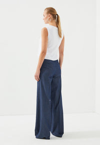 Marineblaue, gepunktete Damenhose mit hoher Taille und weitem Bein
