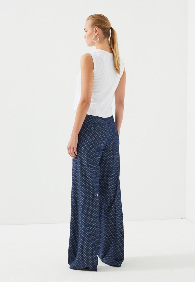 Marineblaue, gepunktete Damenhose mit hoher Taille und weitem Bein