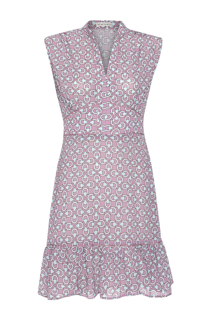 Rosafarbenes, ärmelloses, plissiertes Kleid mit Blumendruck und V-Ausschnitt