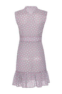 Rosafarbenes, ärmelloses, plissiertes Kleid mit Blumendruck und V-Ausschnitt