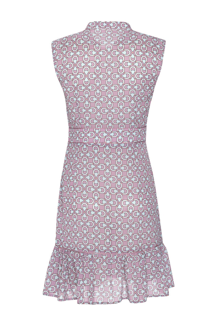Rosafarbenes, ärmelloses, plissiertes Kleid mit Blumendruck und V-Ausschnitt