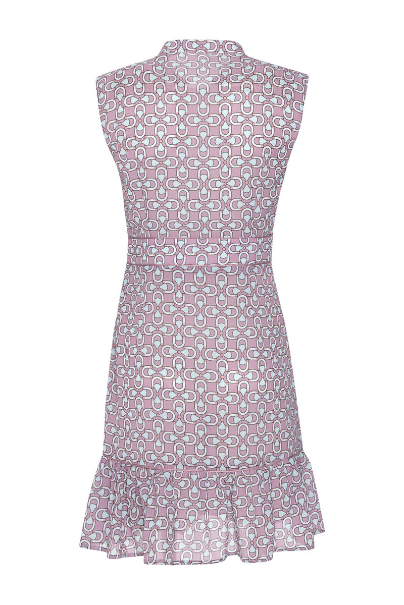 Rosafarbenes, ärmelloses, plissiertes Kleid mit Blumendruck und V-Ausschnitt