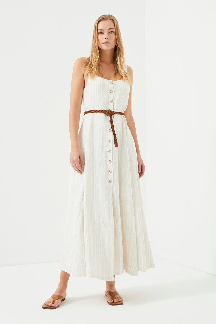 Beige gestreiftes Strickkleid mit Trägern