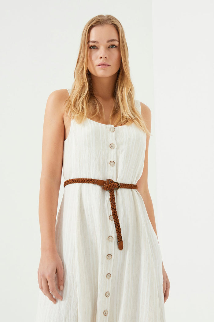 Beige gestreiftes Strickkleid mit Trägern
