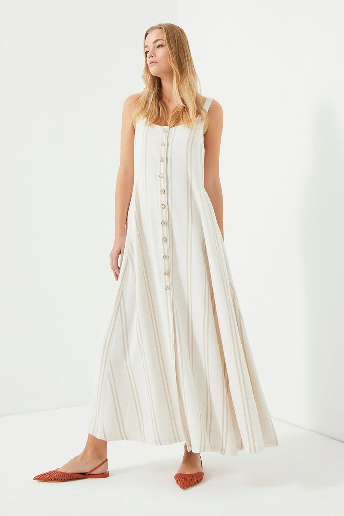 Cremefarbenes, gestreiftes Strickkleid mit Trägern