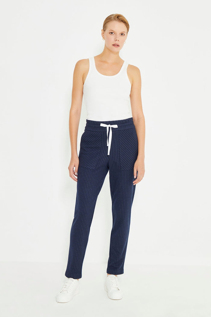 Marineblaue, gestreifte Wait-Damenhose mit Kordelzug