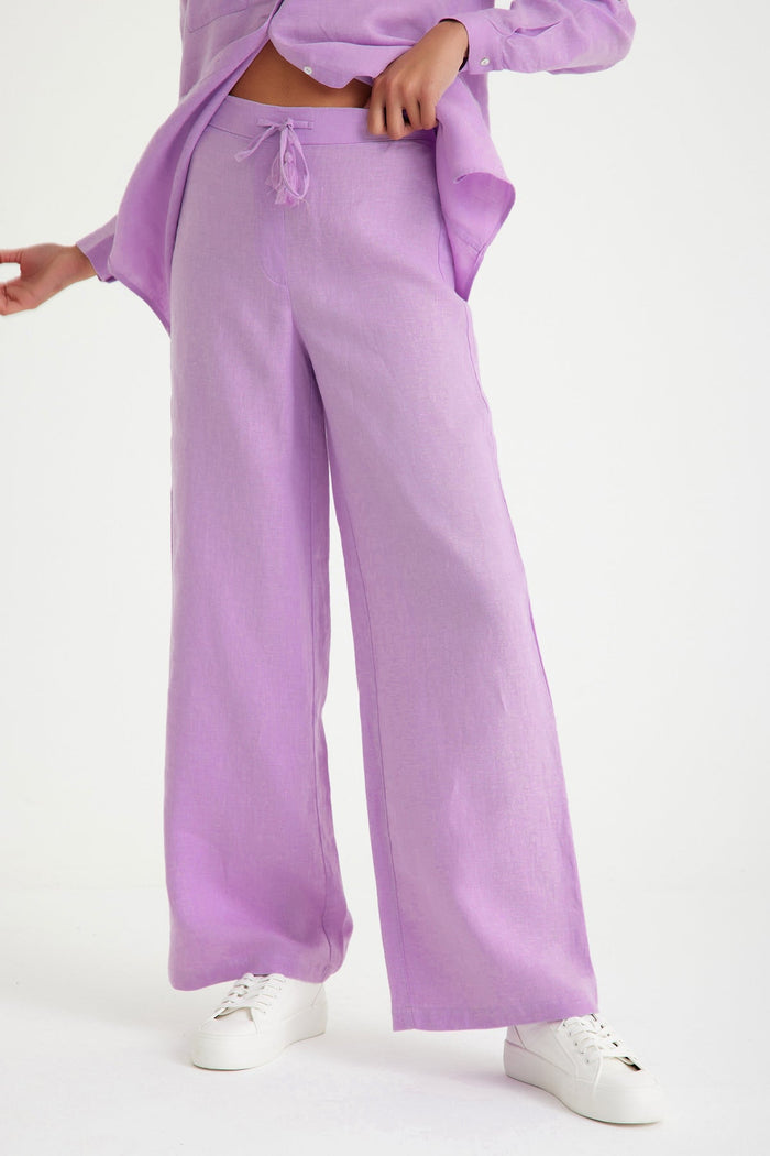 Lila Leinen-Taillen-Schnürhose für Damen mit weitem Bein