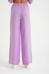 Lila Leinen-Taillen-Schnürhose für Damen mit weitem Bein