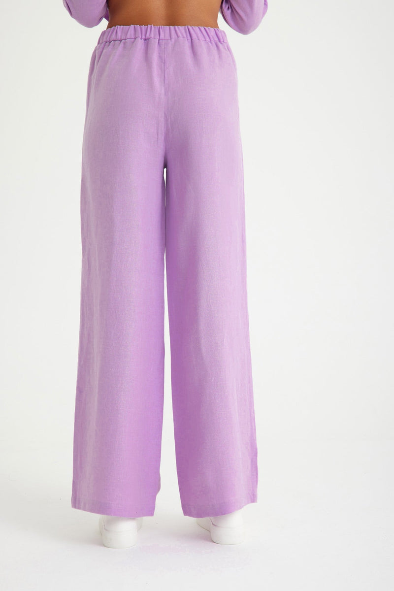 Lila Leinen-Taillen-Schnürhose für Damen mit weitem Bein