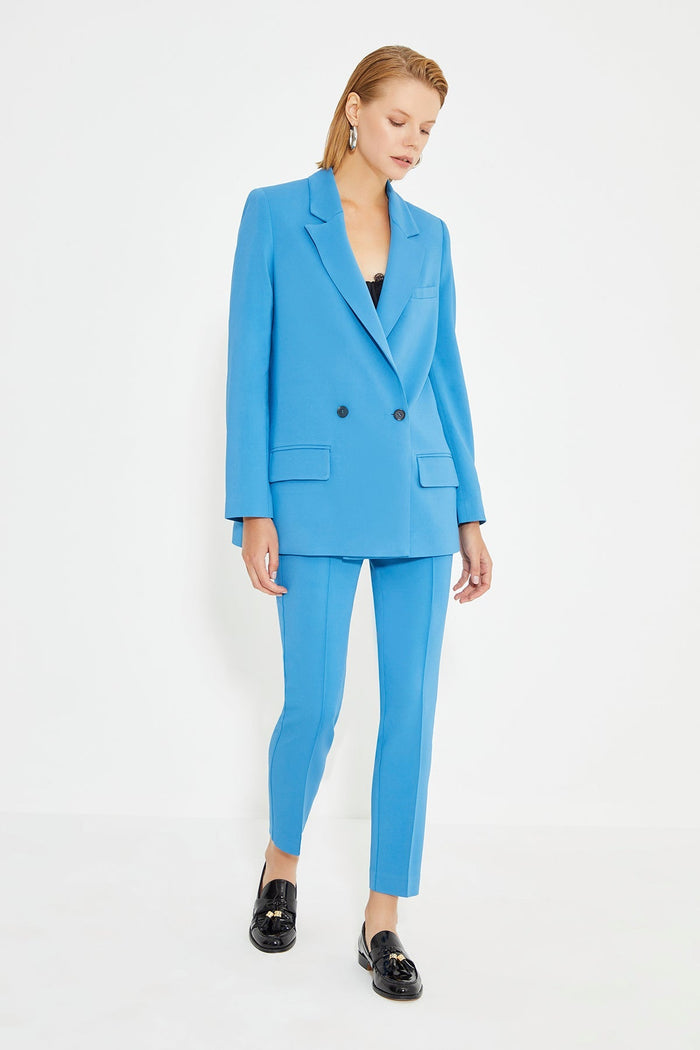Blaue Karottenhose für Damen mit Rippdetail vorne