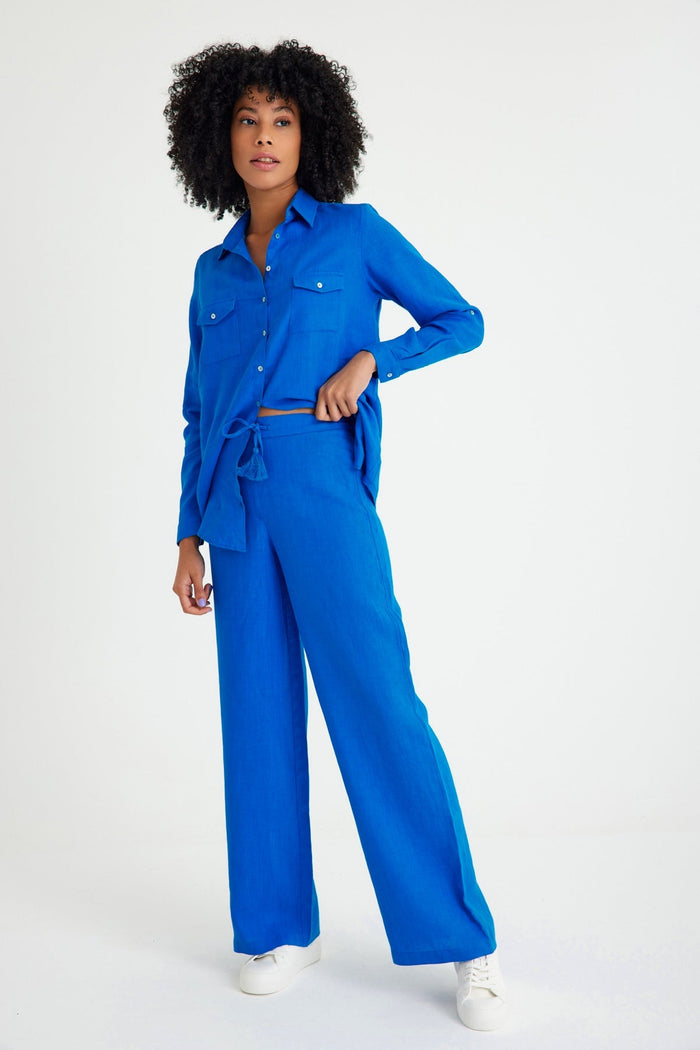 Sax Blaue Leinen-Taillen-Schnürhose für Damen mit weitem Bein