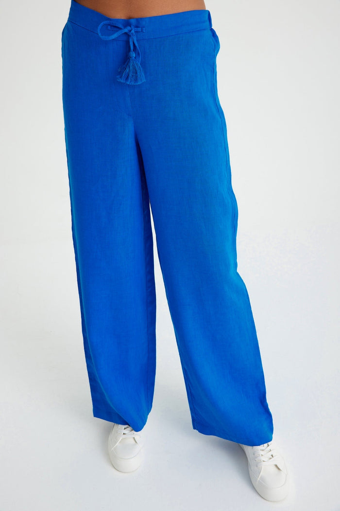 Sax Blaue Leinen-Taillen-Schnürhose für Damen mit weitem Bein