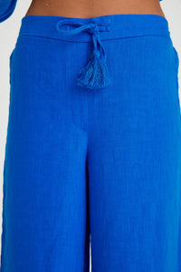Sax Blaue Leinen-Taillen-Schnürhose für Damen mit weitem Bein