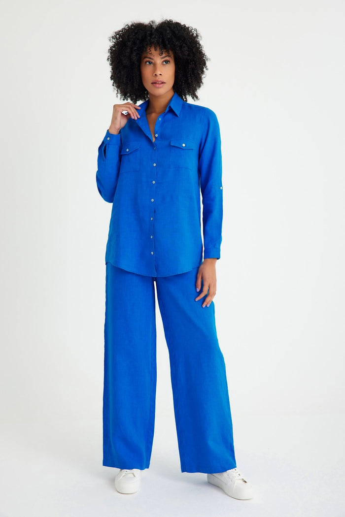 Sax Blue Leinen-Damenhemd mit Taschendetails