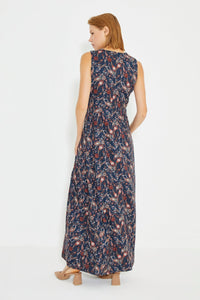 Ärmelloses, seitlich gerafftes langes Kleid mit Paisley-Print