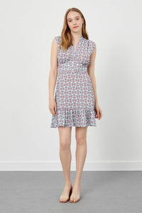 Eisblaues, ärmelloses, plissiertes Kleid mit Blumendruck und V-Ausschnitt