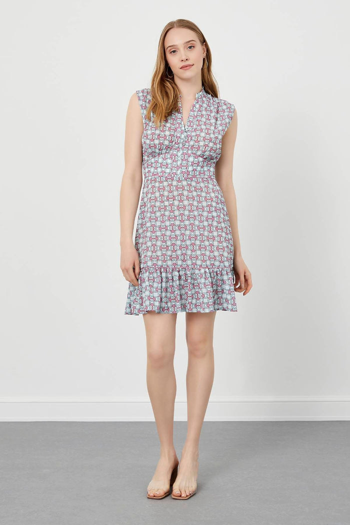 Eisblaues, ärmelloses, plissiertes Kleid mit Blumendruck und V-Ausschnitt