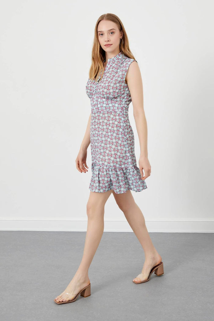 Eisblaues, ärmelloses, plissiertes Kleid mit Blumendruck und V-Ausschnitt