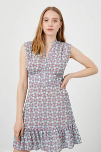 Eisblaues, ärmelloses, plissiertes Kleid mit Blumendruck und V-Ausschnitt