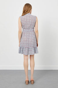Eisblaues, ärmelloses, plissiertes Kleid mit Blumendruck und V-Ausschnitt